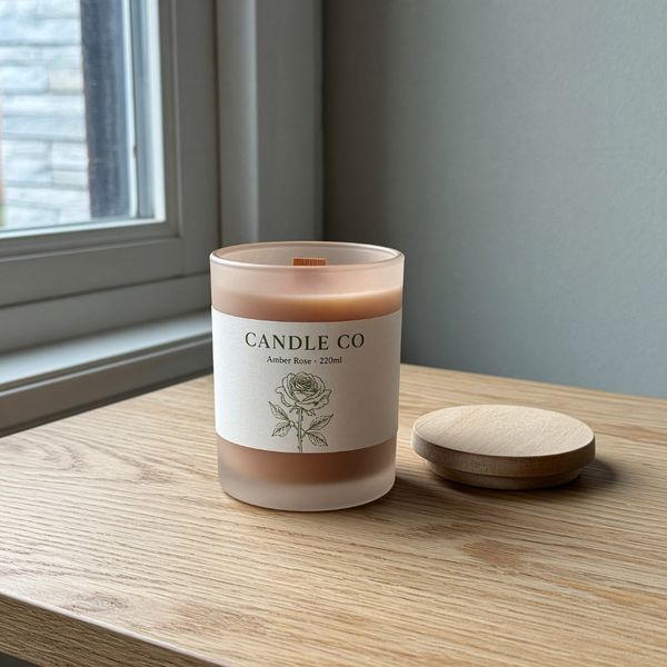 Amber Rose candle on a table, unlit