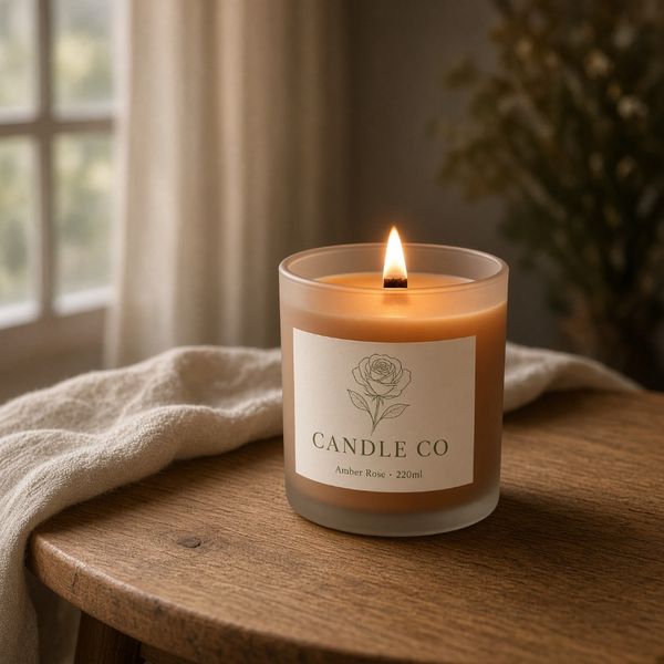 Amber Rose candle lifestyle, lit