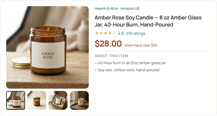 Amazon listing card for Amber Rose Soy Candle with price and ratings